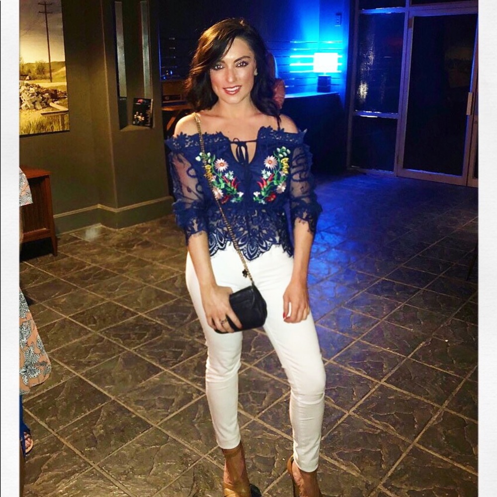 NWT BRIGHT BLUE BLOUSE WITH FLORAL DETAIL